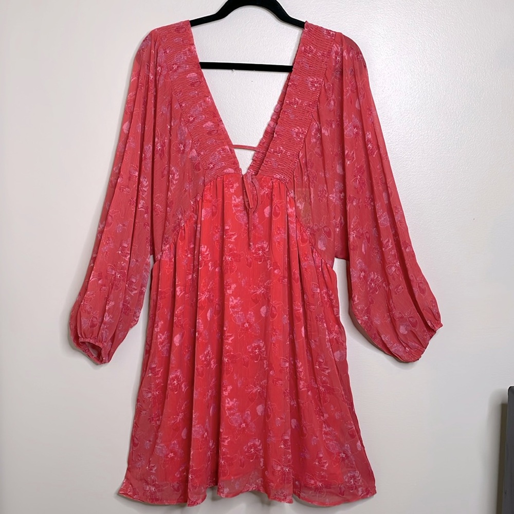 Peach Love California Coral Fall Flame Smocked Semi Sheer Floral Dress Large NWT